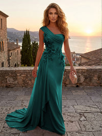 Chiffon Sheath/Column One Shoulder Floor-Length Formal Dresses with 3D Flowers & Sweep Train