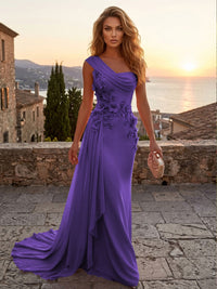 Chiffon Sheath/Column One Shoulder Floor-Length Formal Dresses with 3D Flowers & Sweep Train