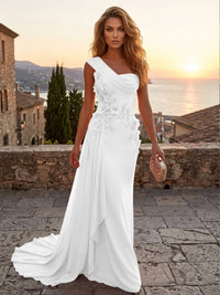 Chiffon Sheath/Column One Shoulder Floor-Length Formal Dresses with 3D Flowers & Sweep Train