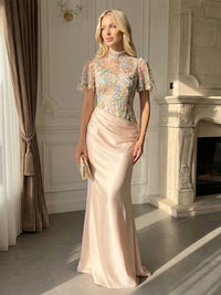 Satin Sheath/Column Illusion Floor-Length Formal Dresses with Lace Embroidery Bodice & Ruched Waist