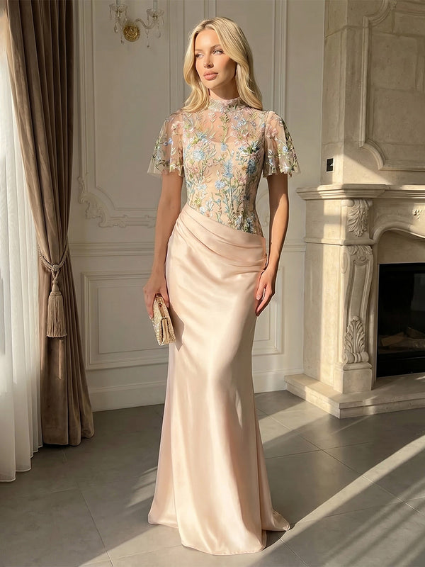 Satin Sheath/Column Illusion Floor-Length Formal Dresses with Lace Embroidery Bodice & Ruched Waist