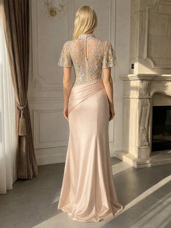 Satin Sheath/Column Illusion Floor-Length Formal Dresses with Lace Embroidery Bodice & Ruched Waist