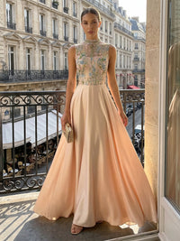 Satin A-Line/Princess Illusion Floor-Length Formal Dresses with Lace Embroidery Bodice