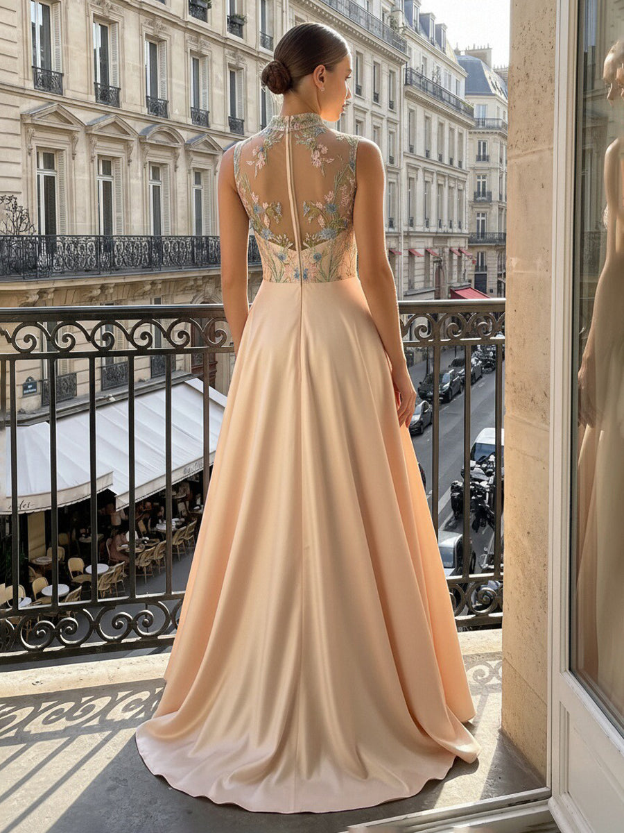 Satin A-Line/Princess Illusion Floor-Length Formal Dresses with Lace Embroidery Bodice