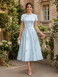 Satin A-Line/Princess Scoop Neck Tea-Length Formal Dresses with 3D Flowers