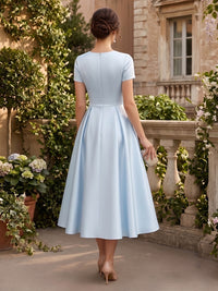 Satin A-Line/Princess Scoop Neck Tea-Length Formal Dresses with 3D Flowers