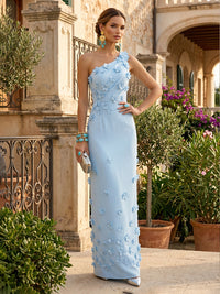 Stretch Mesh Sheath/Column One Shoulder Floor-Length Formal Dresses with 3D Flowers