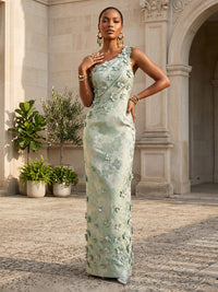 Jacquard Sheath/Column One Shoulder Floor-Length Formal Dresses with 3D Flowers