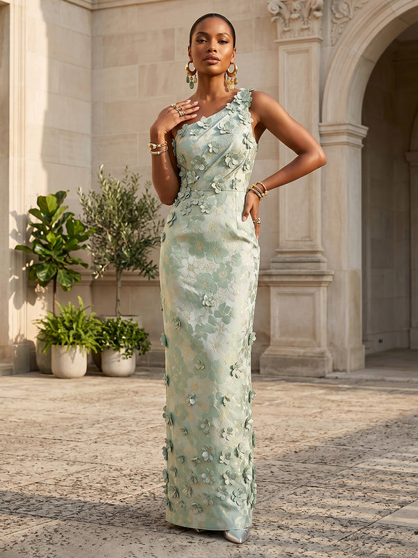 Jacquard Sheath/Column One Shoulder Floor-Length Formal Dresses with 3D Flowers