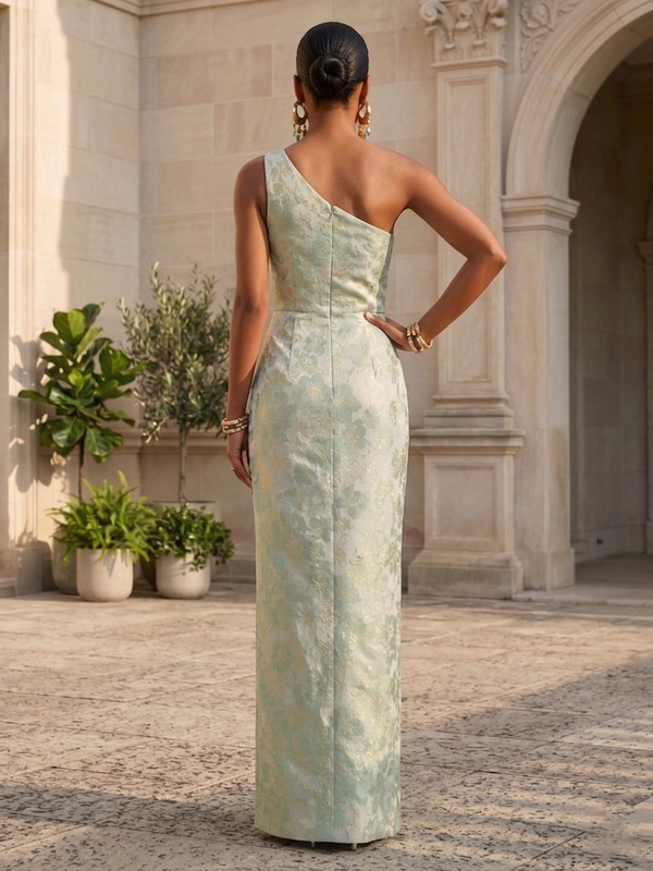 Jacquard Sheath/Column One Shoulder Floor-Length Formal Dresses with 3D Flowers