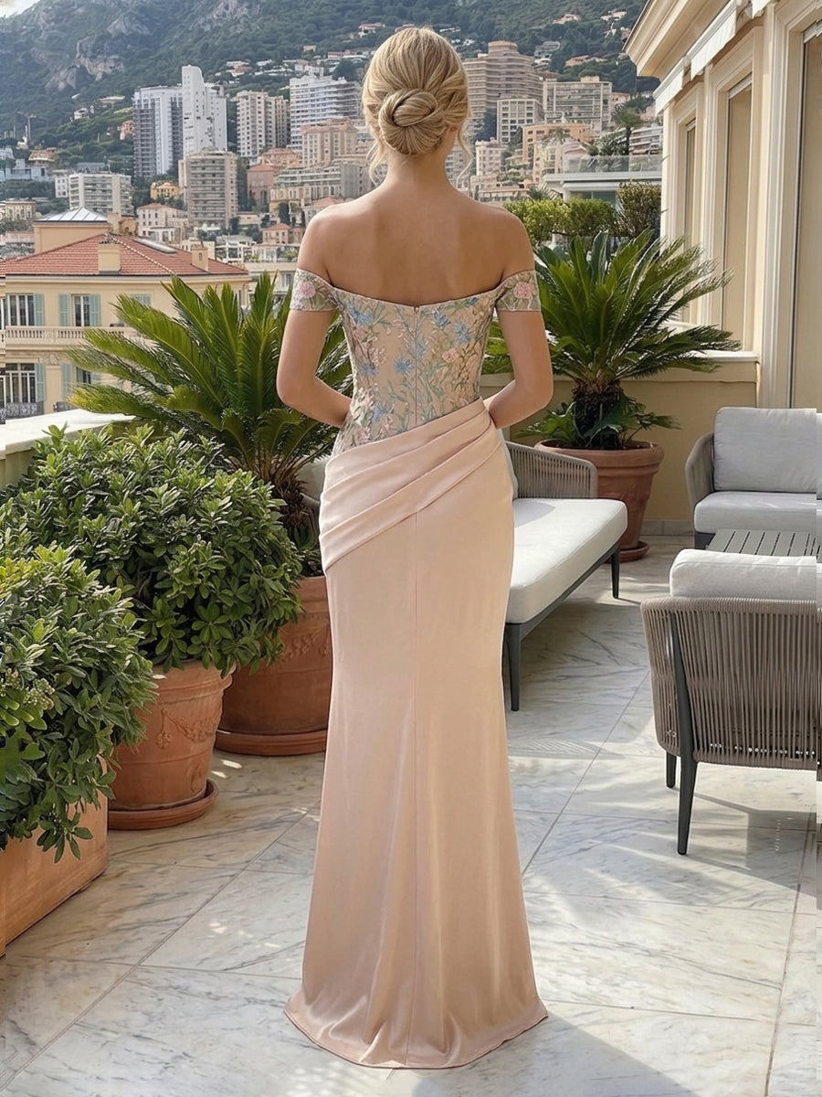 Satin Sheath/Column Off Shoulder Floor-Length Formal Dresses with Lace Embroidery Bodice & Ruched Waist
