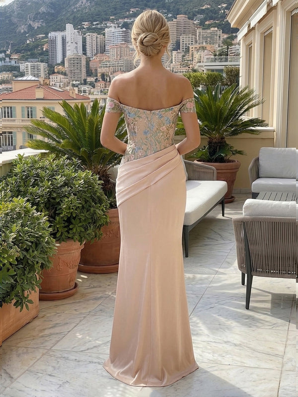 Satin Sheath/Column Off Shoulder Floor-Length Formal Dresses with Lace Embroidery Bodice & Ruched Waist