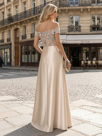 Satin A-Line/Princess Off Shoulder Floor-Length Formal Dresses with Floral Embroidery Bodice & Pockets