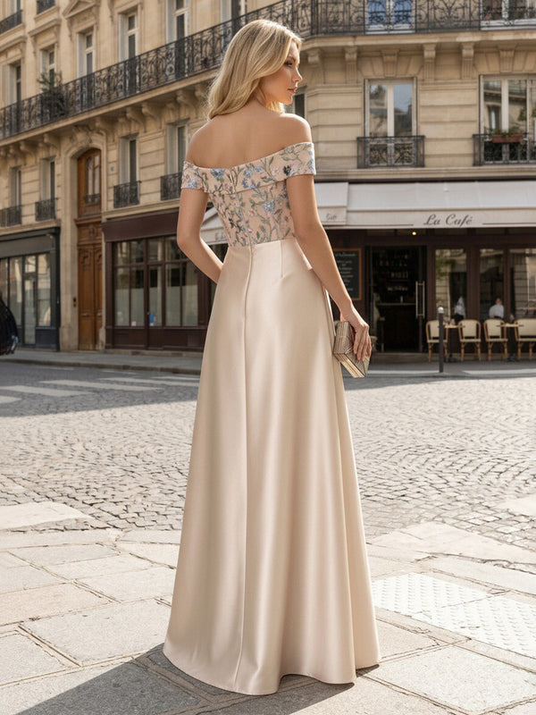 Satin A-Line/Princess Off Shoulder Floor-Length Formal Dresses with Floral Embroidery Bodice & Pockets