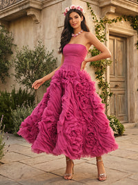 Chiffon A-Line/Princess Strapless Tea-Length Formal Dresses with Tiered Layers