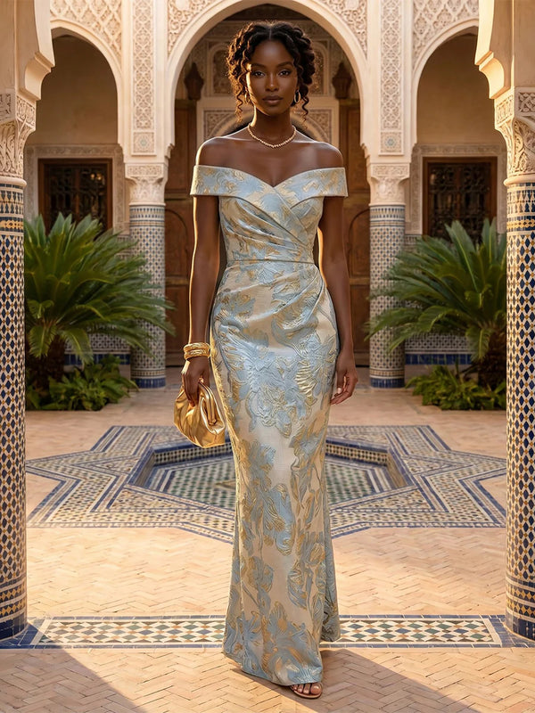Jacquard Formal Evening Dresses 2026 for Elegant Women Sheath Off-the-Shoulder Sleeveless Floor-Length Ruched Wedding Guest Gown