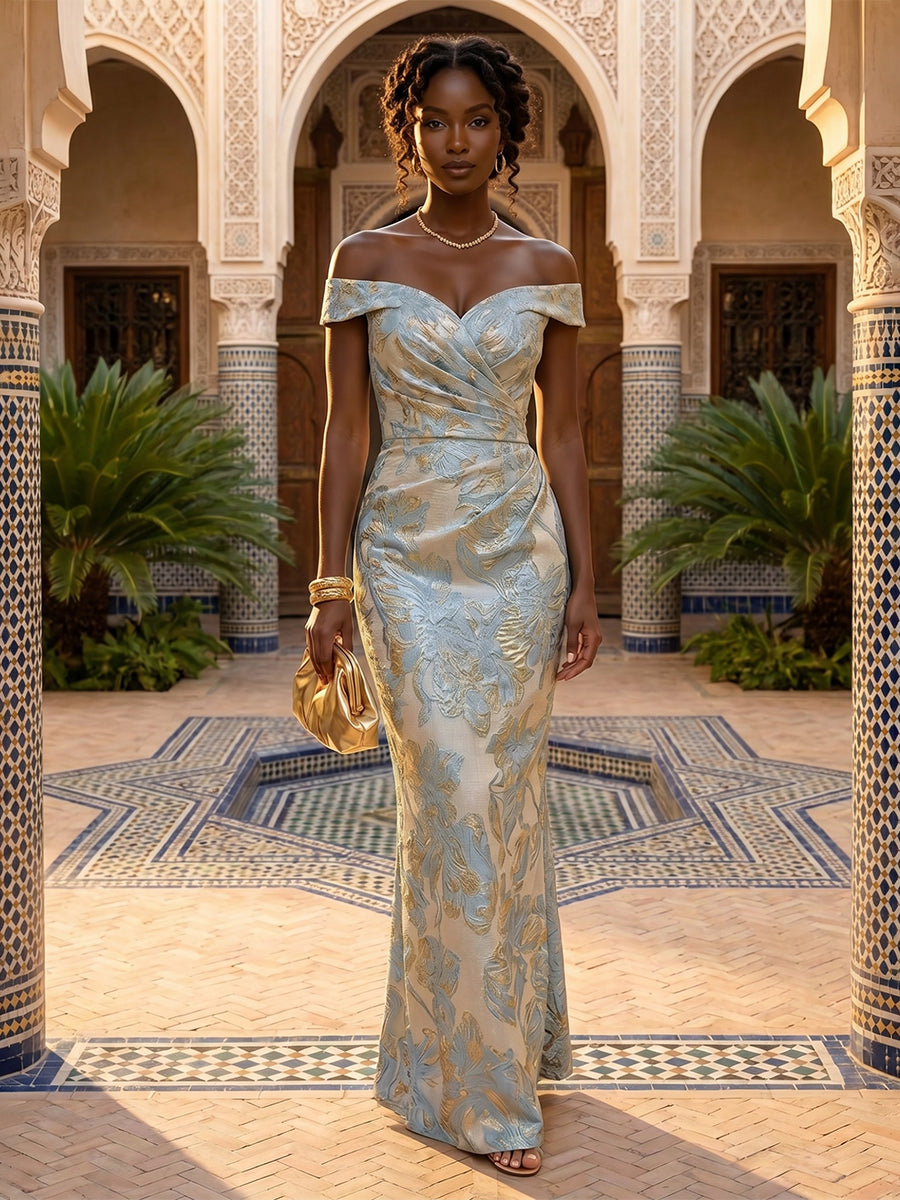 Jacquard Sheath/Column Off Shoulder Floor-Length Formal Dresses with Ruched Waist