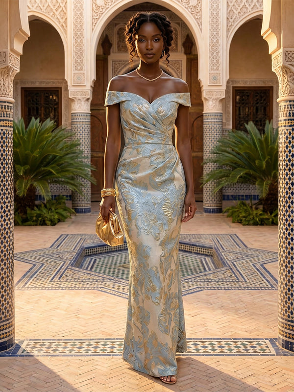 Jacquard Sheath/Column Off Shoulder Floor-Length Formal Dresses with Ruched Waist