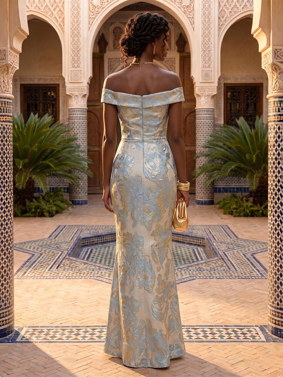 Jacquard Sheath/Column Off Shoulder Floor-Length Formal Dresses with Ruched Waist