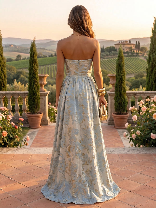 Jacquard A-Line/Princess Strapless Floor-Length Formal Dresses with Ruched Waist