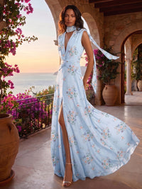 Floral Print A-Line/Princess V-Neck Floor-Length Formal Dresses with Ruched Waist & Slit