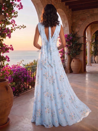 Floral Print A-Line/Princess V-Neck Floor-Length Formal Dresses with Ruched Waist & Slit