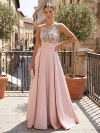 Satin A-Line/Princess One Shoulder Floor-Length Formal Dresses with Lace Embroidery Bodice & Ruched Waist