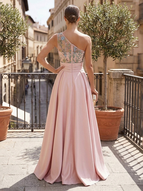 Satin A-Line/Princess One Shoulder Floor-Length Formal Dresses with Lace Embroidery Bodice & Ruched Waist