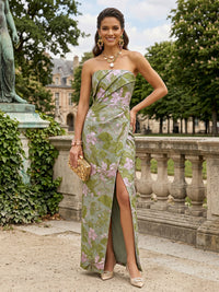 Jacquard Sheath/Column Strapless Floor-Length Formal Dresses with Ruched Waist & Slit