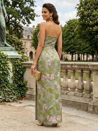 Jacquard Sheath/Column Strapless Floor-Length Formal Dresses with Ruched Waist & Slit