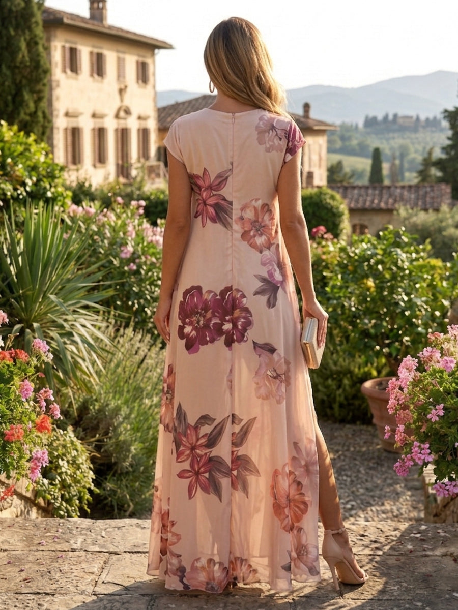 Floral Print A-Line/Princess V-Neck Floor-Length Formal Dresses with Ruffles