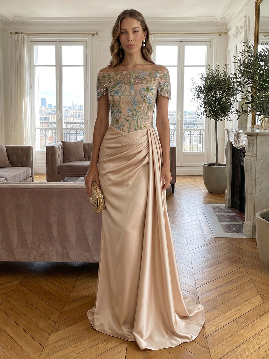 Satin Sheath/Column Off Shoulder Floor-Length Formal Dresses with Lace Embroidery Bodice & Ruched Waist
