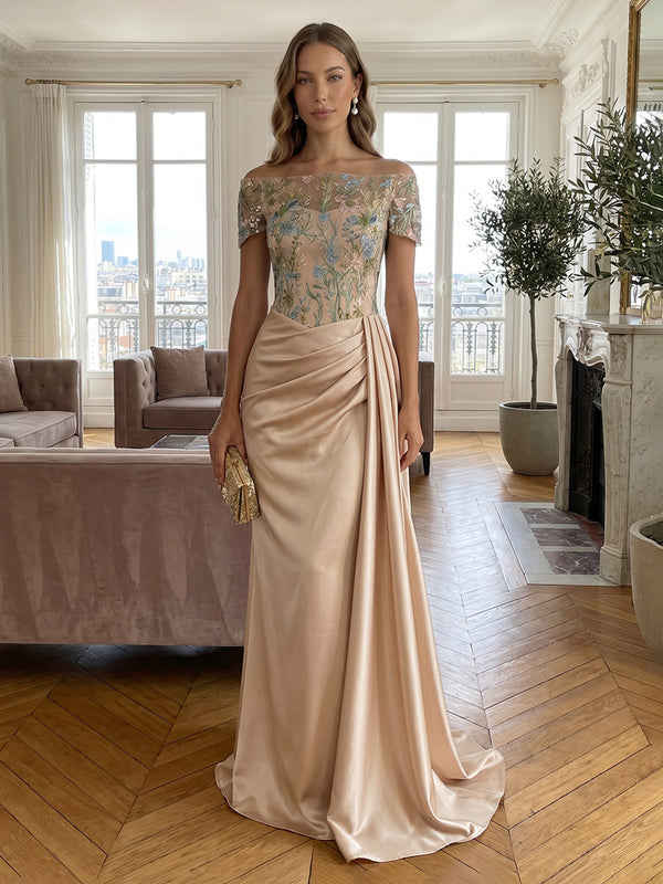 Satin Sheath/Column Off Shoulder Floor-Length Formal Dresses with Lace Embroidery Bodice & Ruched Waist