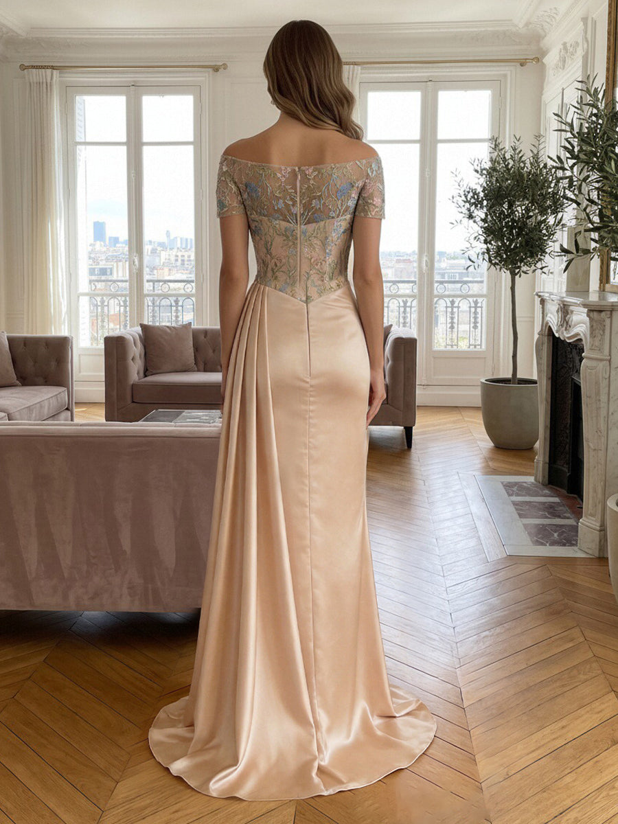 Satin Sheath/Column Off Shoulder Floor-Length Formal Dresses with Lace Embroidery Bodice & Ruched Waist
