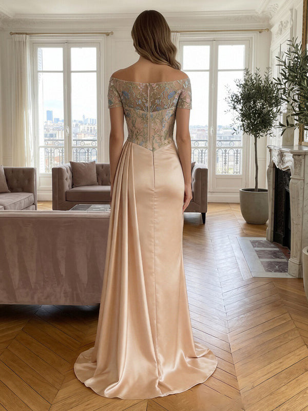 Satin Sheath/Column Off Shoulder Floor-Length Formal Dresses with Lace Embroidery Bodice & Ruched Waist