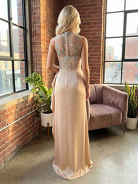 Satin Sheath/Column High Neck Floor-Length Formal Dresses with Lace Embroidery Bodice, Ruffles, Slit & Ruched Waist