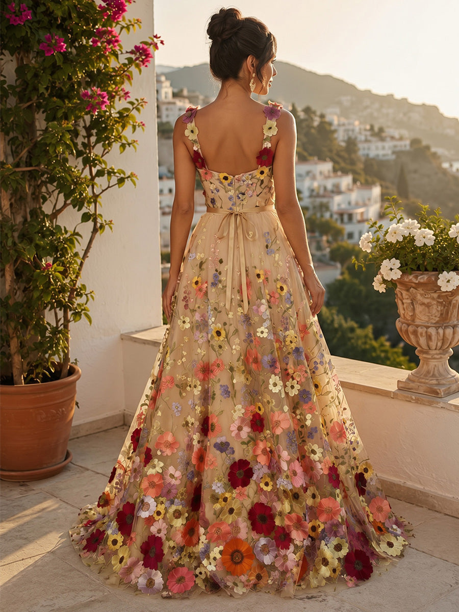 Lace Appliques A Line Sweetheart 3D Flowers Spaghetti Straps Formal Dresses