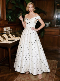 Satin A Line Off the Shoulder Polka Dot Ruched Formal Dresses