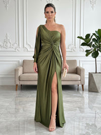 Satin Mermaid One Shoulder Twisted Ruched Formal Dresses with Slit