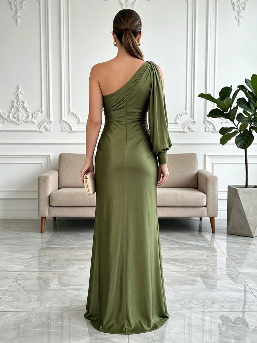 Satin Mermaid One Shoulder Twisted Ruched Formal Dresses with Slit