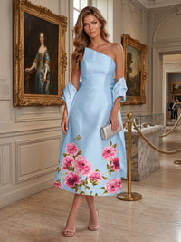 Satin A Line Asymmetric Neck Floral Print Corset Formal Dresses with Scarf