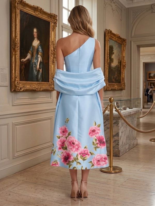 Satin A Line Asymmetric Neck Floral Print Corset Formal Dresses with Scarf