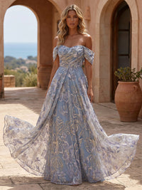 Jacquard A Line Off the Shoulder Ruched Corset Formal Dresses