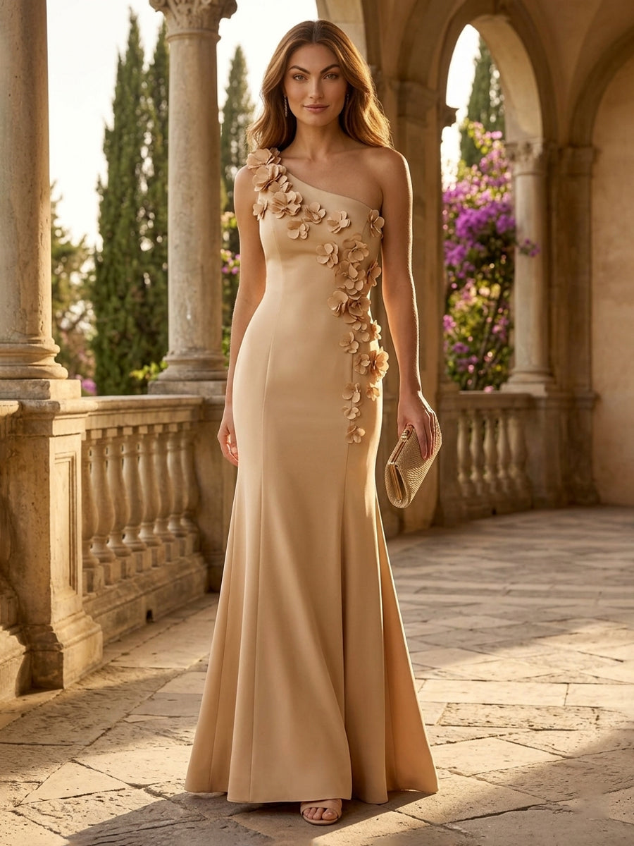 Satin A Line One Shoulder 3D Flowers Ruched Formal Dresses