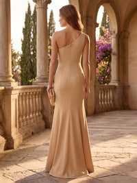 Satin A Line One Shoulder 3D Flowers Ruched Formal Dresses
