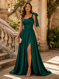 Satin A Line Sweetheart Corset Spaghetti Straps Formal Dresses with Slit