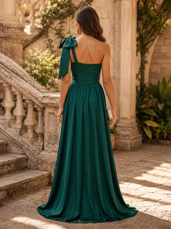 Satin A Line Sweetheart Corset Spaghetti Straps Formal Dresses with Slit