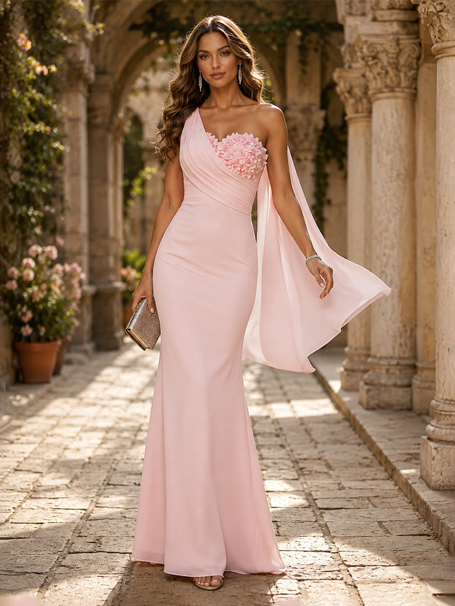 Chiffon Mermaid One Shoulder Ruffles 3D Flowers Formal Dresses