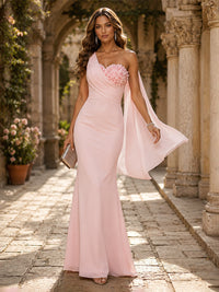 Chiffon Mermaid One Shoulder Ruffles 3D Flowers Formal Dresses