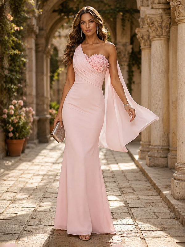Chiffon Mermaid One Shoulder Ruffles 3D Flowers Formal Dresses